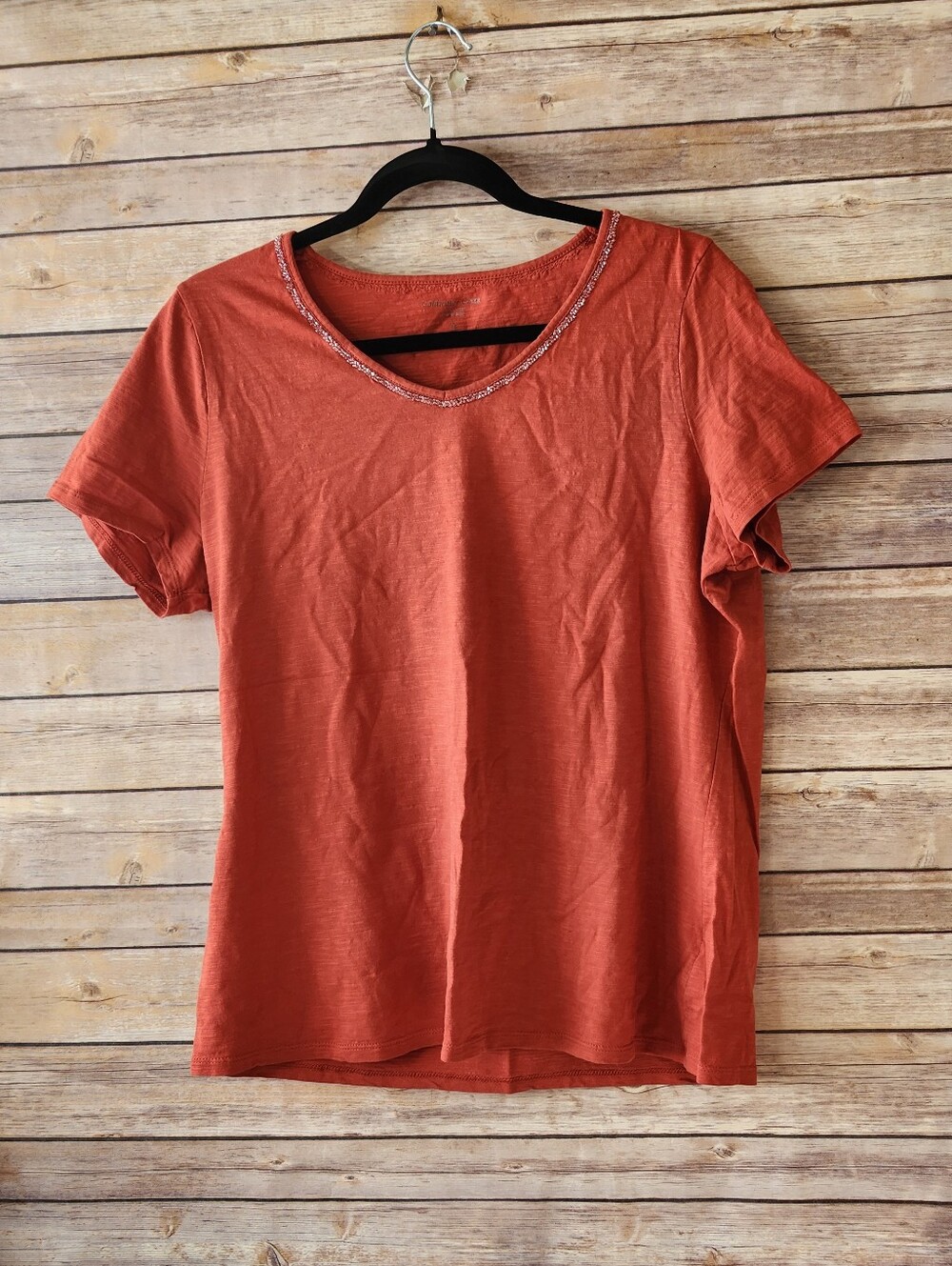 Coldwater Creek Terracotta Short-Sleeve Scoop Neck Top with Beaded Trim